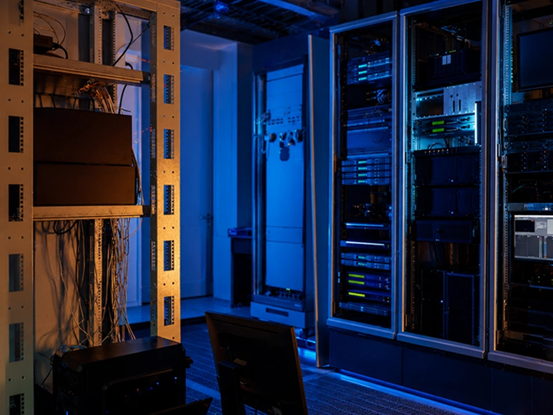 A dimly lit server room showing several server racks filled with active network equipment and glowing indicator lights.